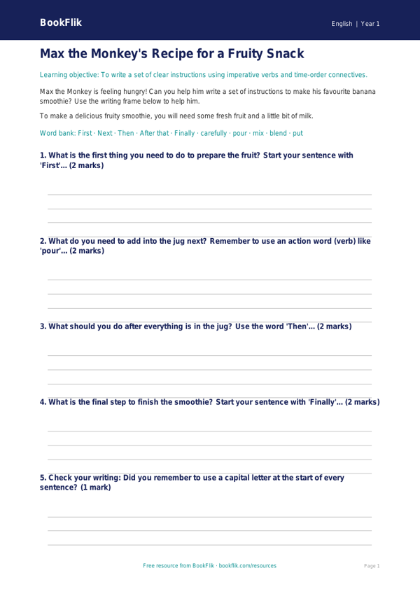 Free Instructions Writing Frame | Class 1 | English | BookFlik worksheet preview — English Instructions