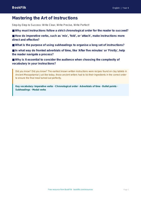English instructions poster class 4 greater depth worksheet preview — English Instructions