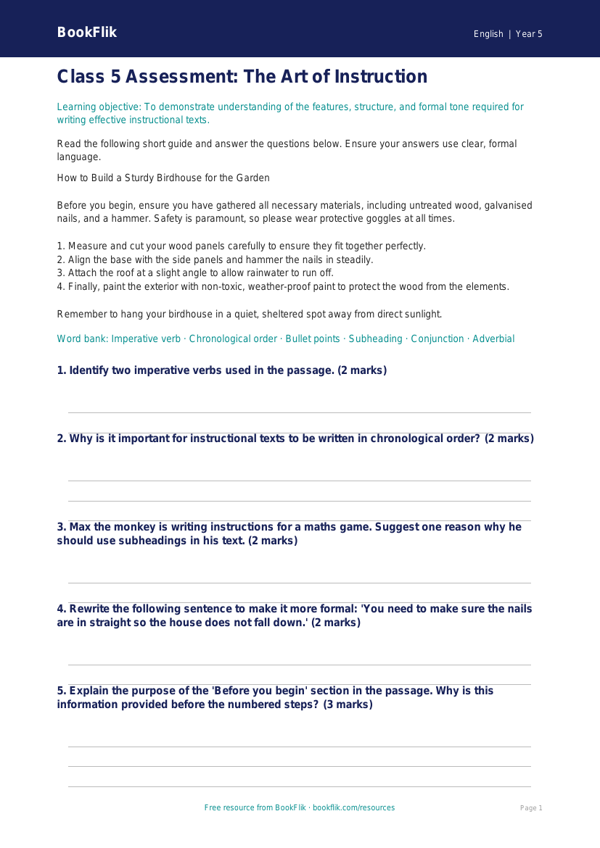Free Instructions Assessment | Class 5 | English | BookFlik worksheet preview — English Instructions