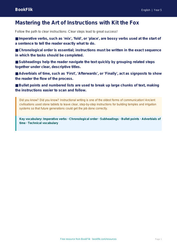 Free Instructions Poster | Class 5 | English | BookFlik worksheet preview — English Instructions