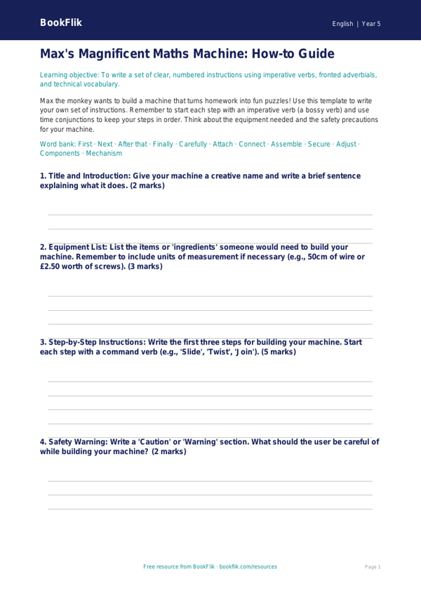 Instructions Template for Class 5 | CBSE English Grammar | BookFlik worksheet preview — English Instructions
