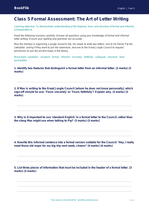 Free Letter Writing Assessment | Class 5 | English | BookFlik worksheet preview — English Letter Writing