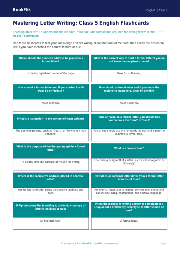 Free Letter Writing Flashcards | Class 5 | English | BookFlik worksheet preview — English Letter Writing