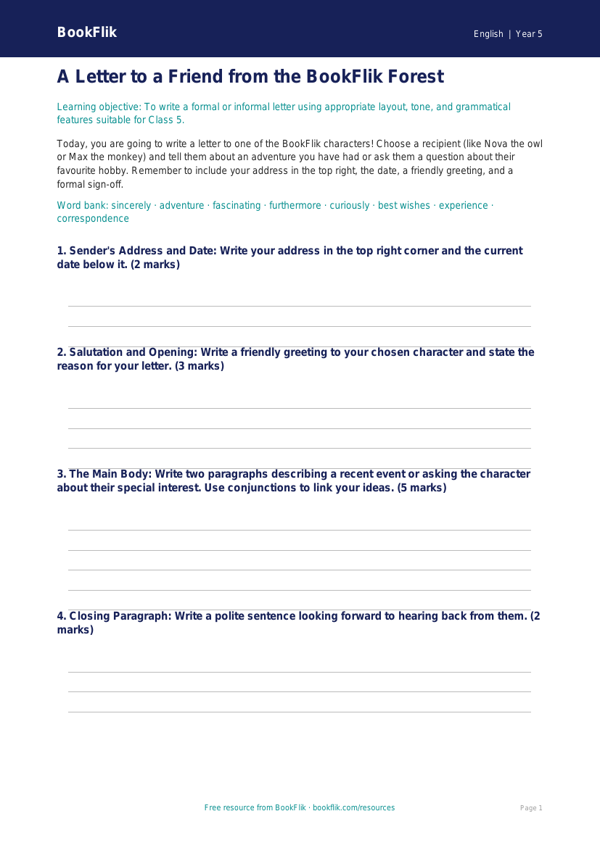 Free Letter Writing Template | Class 5 | English | BookFlik worksheet preview — English Letter Writing