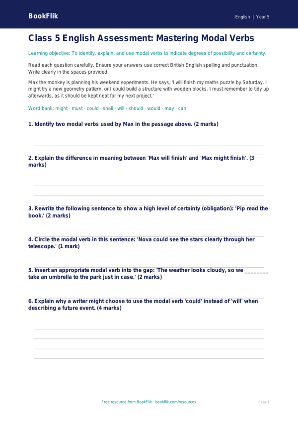 Free Modal Verbs Assessment | Class 5 | English | BookFlik worksheet preview — English Modal Verbs