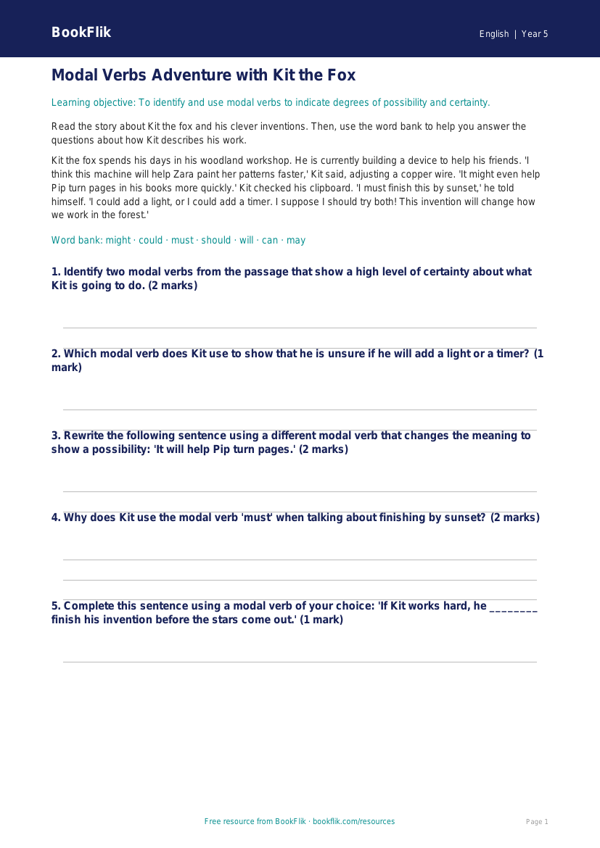Free Modal Verbs Track Sheet | Class 5 | English | BookFlik worksheet preview — English Modal Verbs