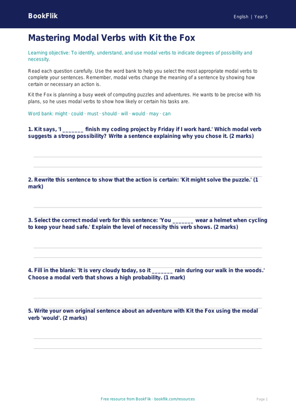 Free Modal Verbs Worksheet | Class 5 | English | BookFlik worksheet preview — English Modal Verbs