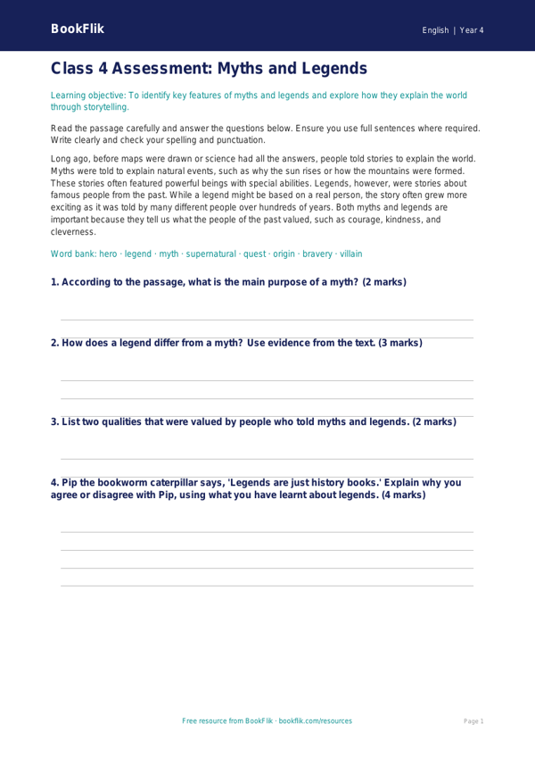 Free Myths And Legends Assessment | Class 4 | English | BookFlik worksheet preview — English Myths And Legends