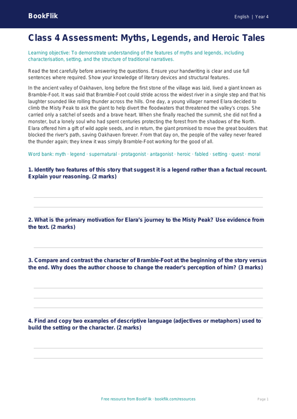 Free Myths And Legends Assessment | Class 4 | English | BookFlik worksheet preview — English Myths And Legends