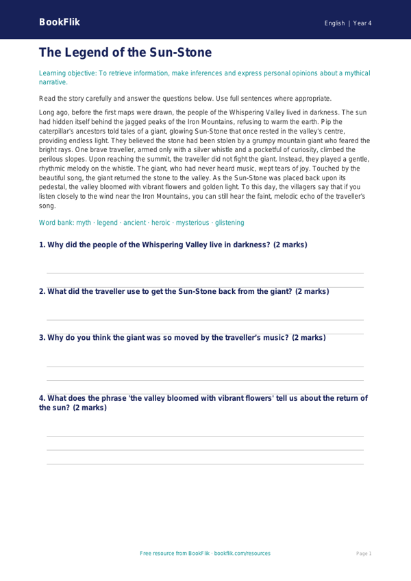 Free Myths And Legends Comprehension | Class 4 | English | BookFlik worksheet preview — English Myths And Legends