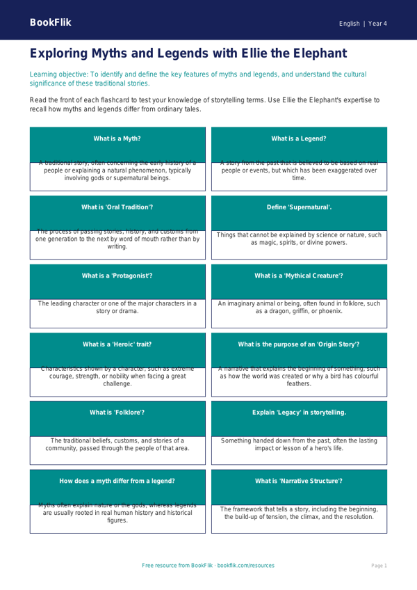 Free Myths And Legends Flashcards | Class 4 | English | BookFlik worksheet preview — English Myths And Legends