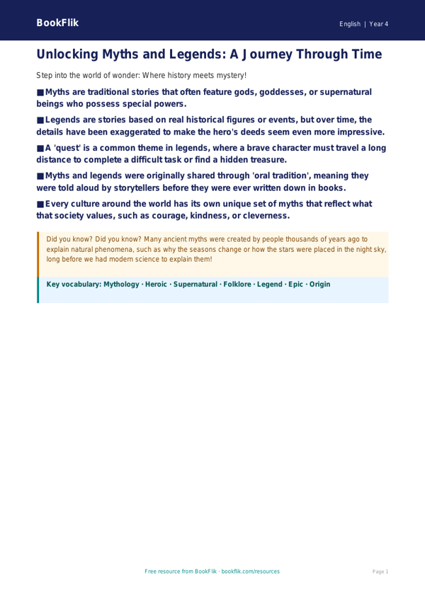 Free Myths And Legends Poster | Class 4 | English | BookFlik worksheet preview — English Myths And Legends