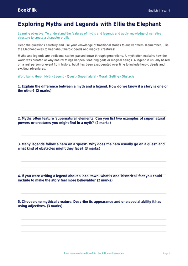 Free Myths And Legends Worksheet | Class 4 | English | BookFlik worksheet preview — English Myths And Legends