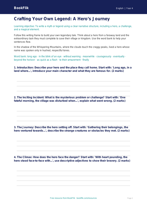 Free Myths And Legends Writing Frame | Class 4 | English | BookFlik worksheet preview — English Myths And Legends