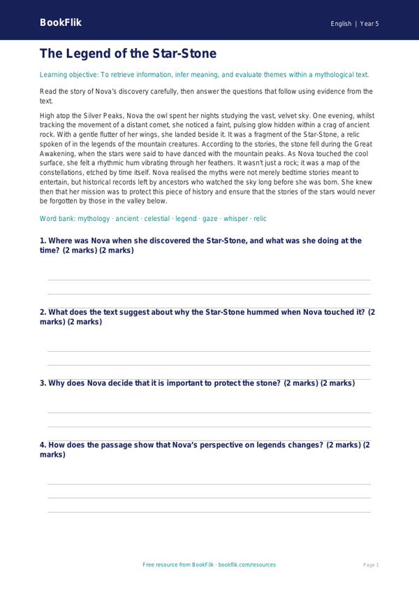 Free Myths And Legends Comprehension | Class 5 | English | BookFlik worksheet preview — English Myths And Legends
