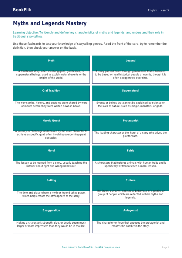 Free Myths And Legends Flashcards | Class 5 | English | BookFlik worksheet preview — English Myths And Legends
