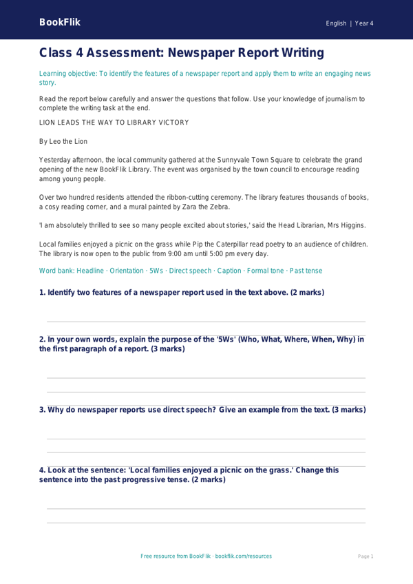 Newspaper Writing Assessment for Class 4 | English CBSE | BookFlik worksheet preview — English Newspaper Writing