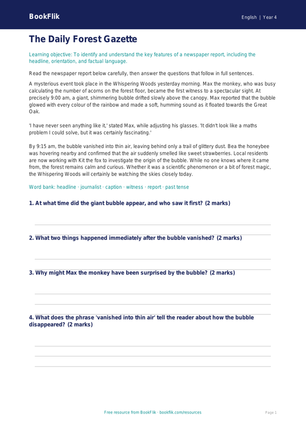 Free Newspaper Writing Comprehension | Class 4 | English | BookFlik worksheet preview — English Newspaper Writing