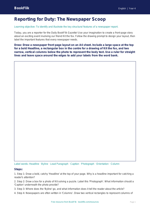 Free Newspaper Writing Drawing Sheet | Class 4 | English | BookFlik worksheet preview — English Newspaper Writing