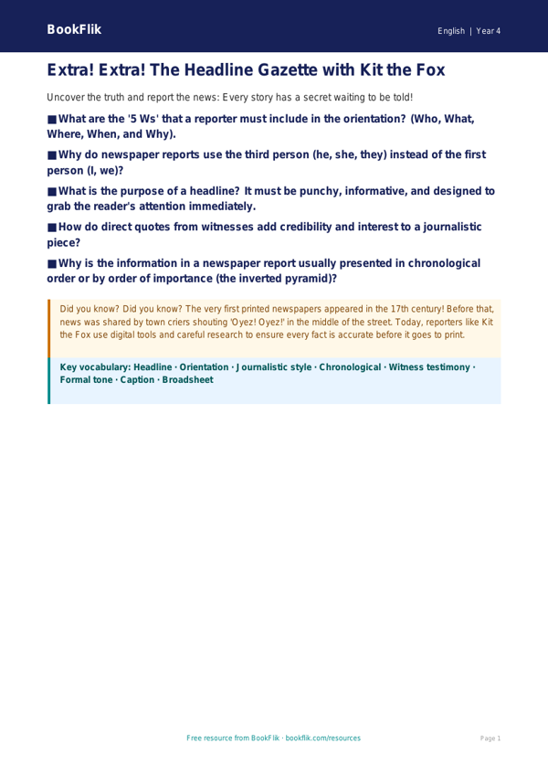 Free Newspaper Writing Poster | Class 4 | English | BookFlik worksheet preview — English Newspaper Writing