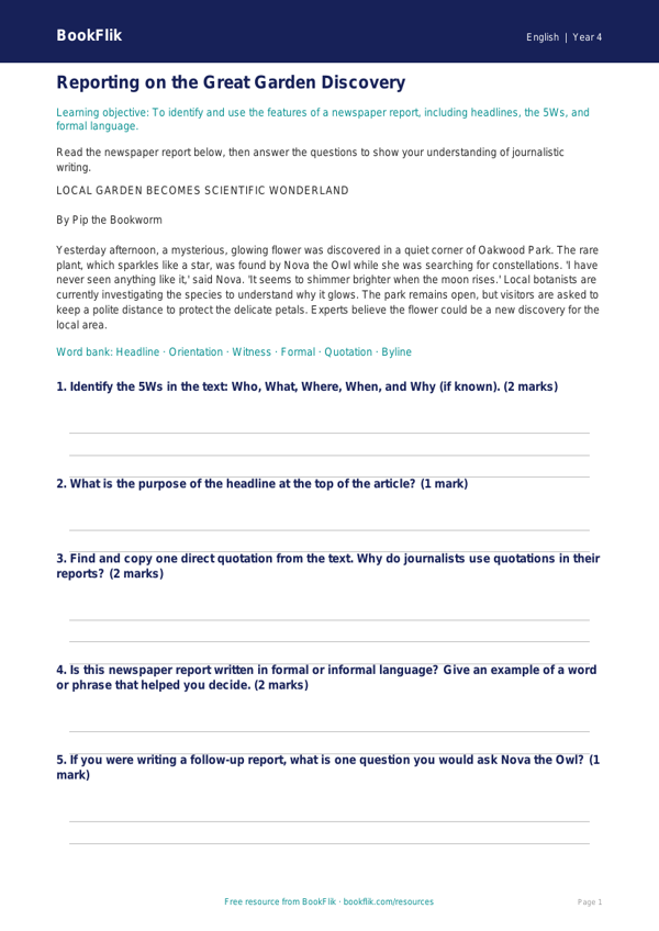 English newspaper writing track sheet class 4 core worksheet preview — English Newspaper Writing