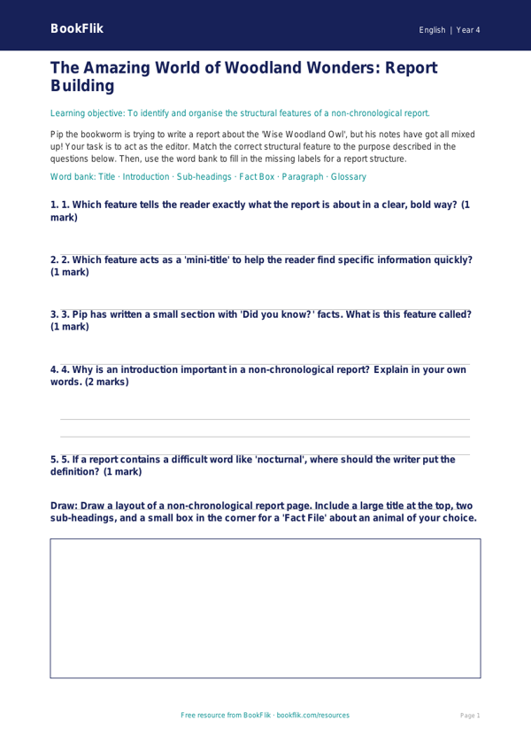 Free Non Chronological Reports Activity Sheet | Class 4 | English | BookFlik worksheet preview — English Non Chronological Reports