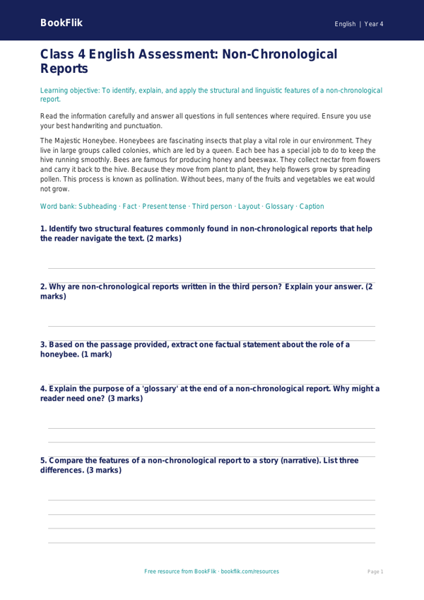 Free Non Chronological Reports Assessment | Class 4 | English | BookFlik worksheet preview — English Non Chronological Reports