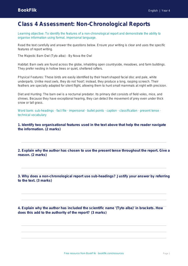 Free Non-Chronological Reports Assessment | Class 4 | English | BookFlik worksheet preview — English Non Chronological Reports