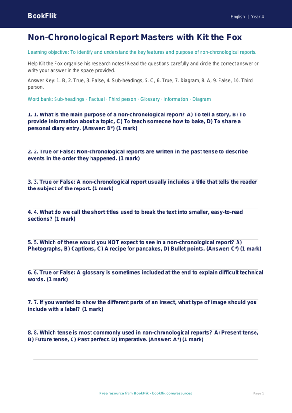 English non chronological reports quiz class 4 core worksheet preview — English Non Chronological Reports