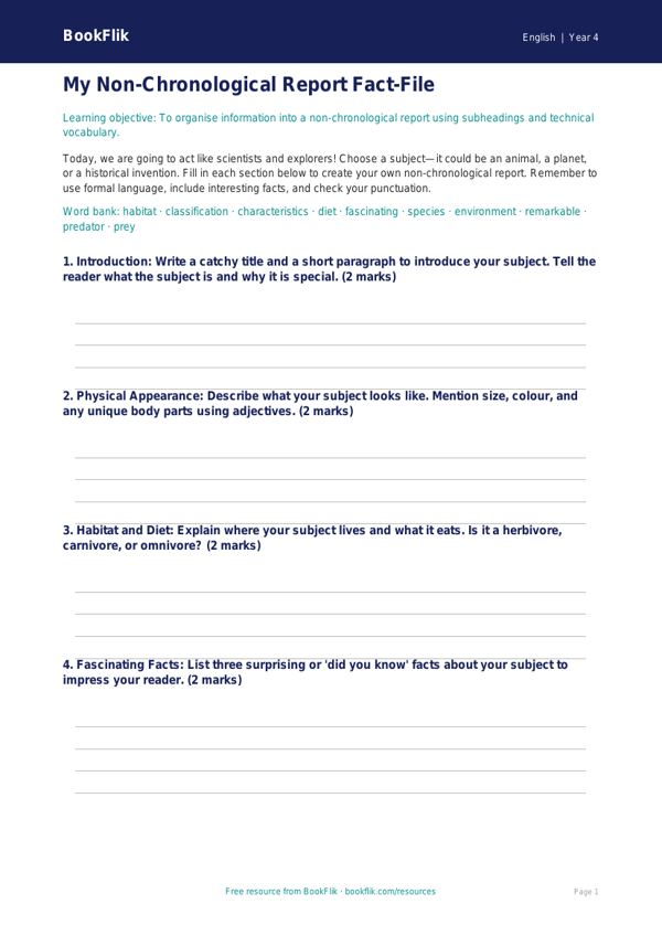 Free Non Chronological Reports Template | Class 4 | English | BookFlik worksheet preview — English Non Chronological Reports