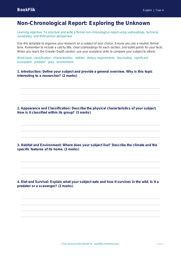 Free Non Chronological Reports Template | Class 4 | English | BookFlik worksheet preview — English Non Chronological Reports