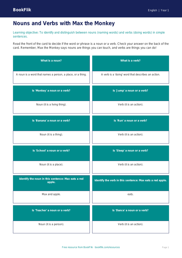 Free Nouns And Verbs Flashcards | Class 1 | English | BookFlik worksheet preview — English Nouns And Verbs