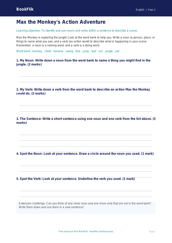 Free Nouns And Verbs Template | Class 1 | English | BookFlik worksheet preview — English Nouns And Verbs