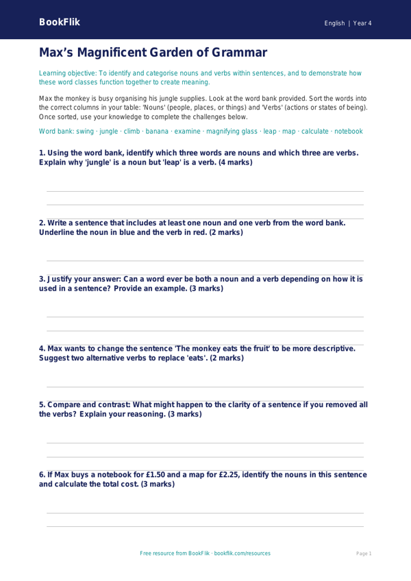 Free Nouns And Verbs Activity Sheet | Class 4 | English | BookFlik worksheet preview — English Nouns And Verbs