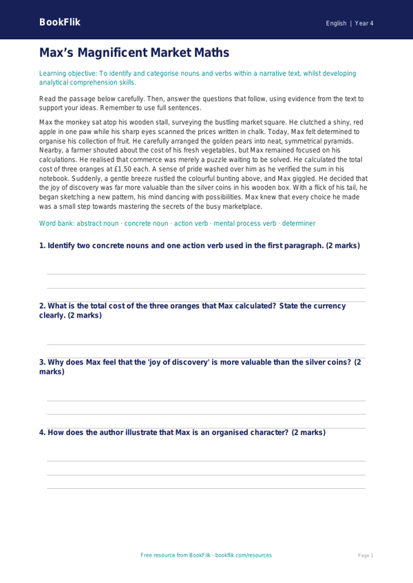 Free Nouns And Verbs Comprehension | Class 4 | English | BookFlik worksheet preview — English Nouns And Verbs