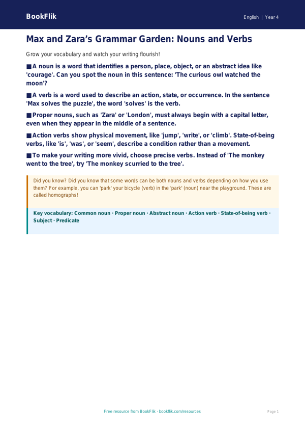 Free Nouns And Verbs Poster | Class 4 | English | BookFlik worksheet preview — English Nouns And Verbs