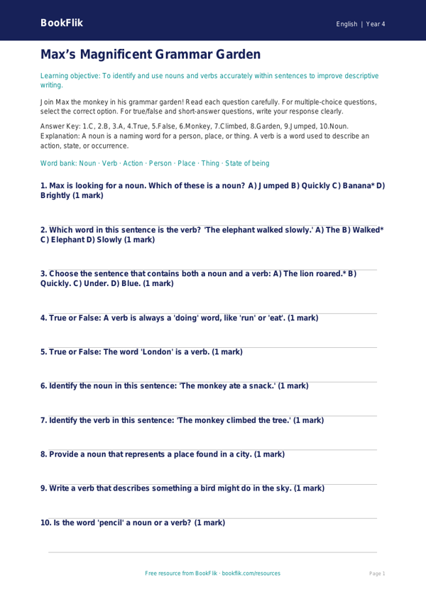 Free Nouns And Verbs Quiz | Class 4 | English | BookFlik worksheet preview — English Nouns And Verbs