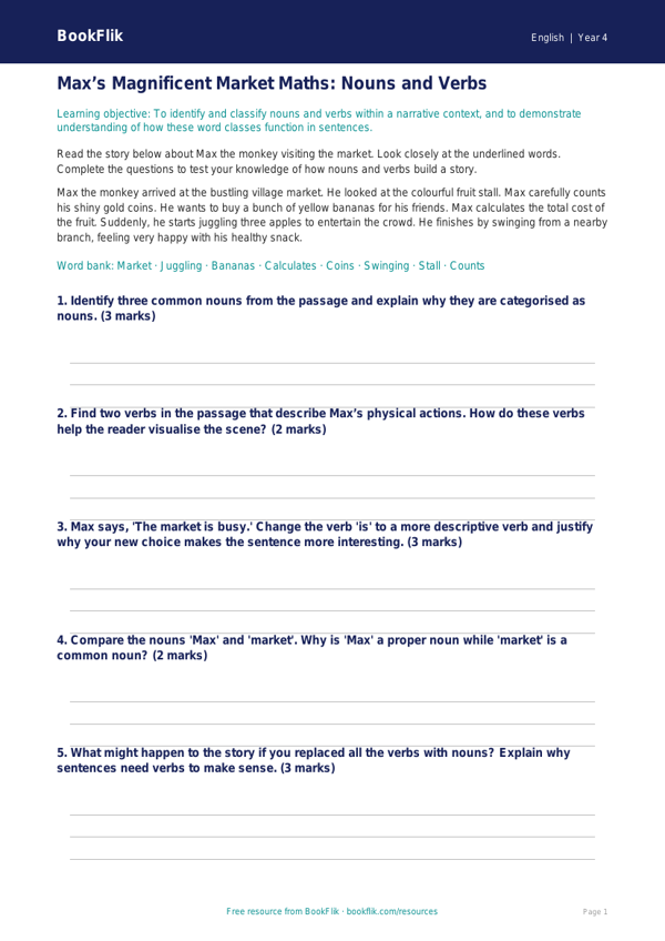 Free Nouns And Verbs Track Sheet | Class 4 | English | BookFlik worksheet preview — English Nouns And Verbs