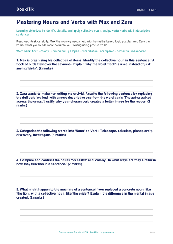English nouns and verbs worksheet class 4 greater depth worksheet preview — English Nouns And Verbs