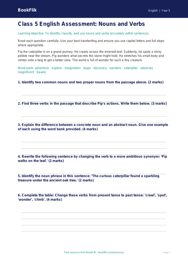 Free Nouns And Verbs Assessment | Class 5 | English | BookFlik worksheet preview — English Nouns And Verbs