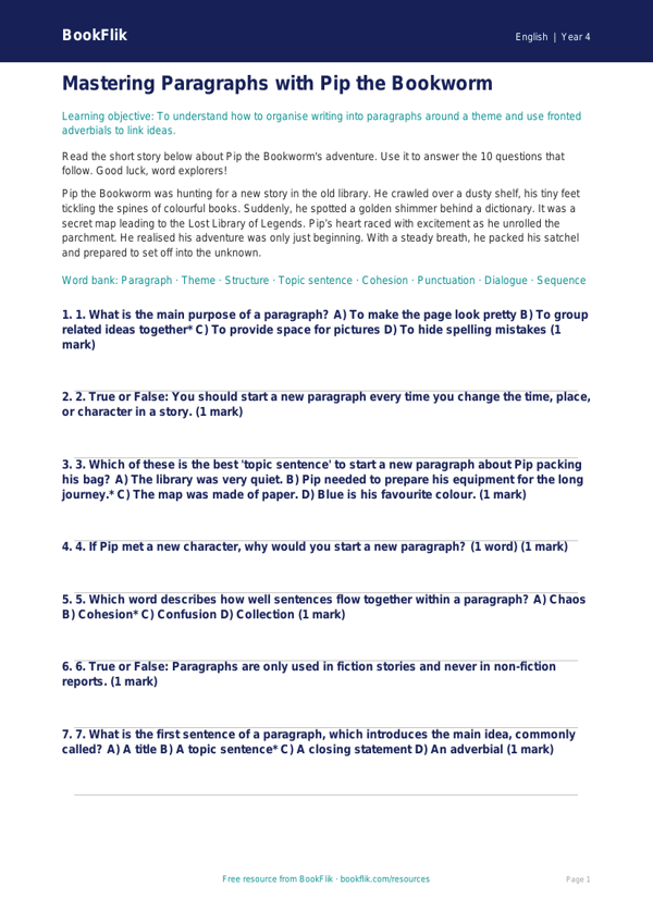 Paragraphs Quiz for Class 4 | English Grammar | BookFlik worksheet preview — English Paragraphs