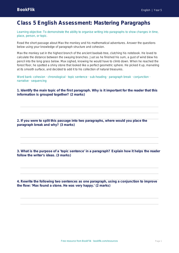 Free Paragraphs Assessment | Class 5 | English | BookFlik worksheet preview — English Paragraphs