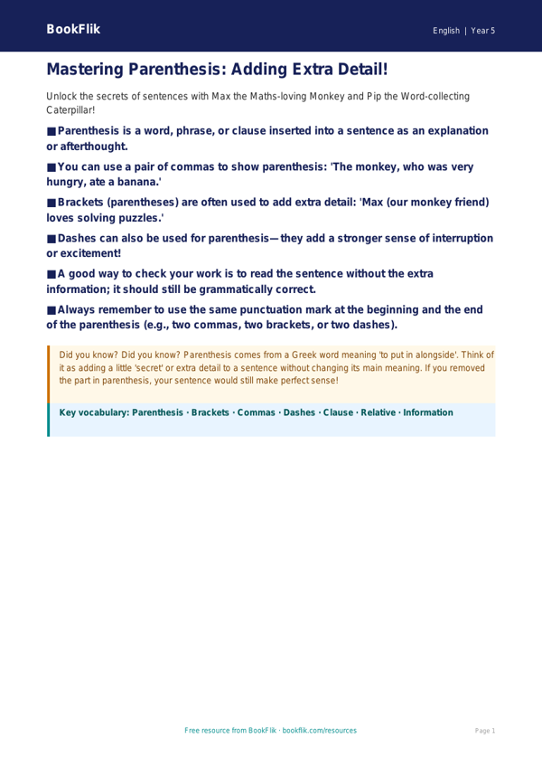 Free Parenthesis Poster | Class 5 | English | BookFlik worksheet preview — English Parenthesis