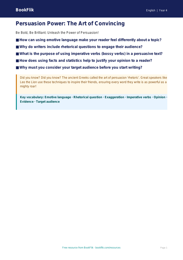 Free Persuasive Writing Poster | Class 4 | English | BookFlik worksheet preview — English Persuasive Writing