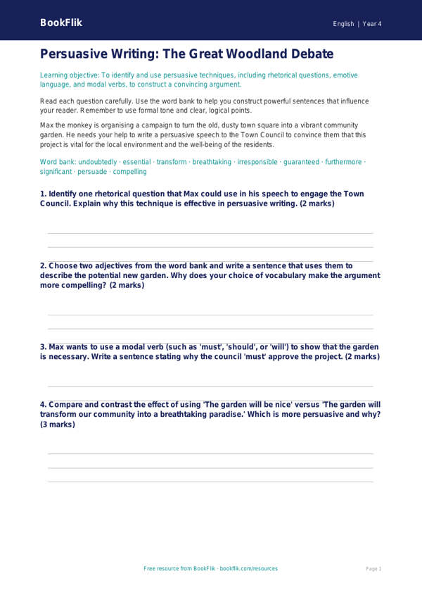 Free Persuasive Writing Worksheet | Class 4 | English | BookFlik worksheet preview — English Persuasive Writing