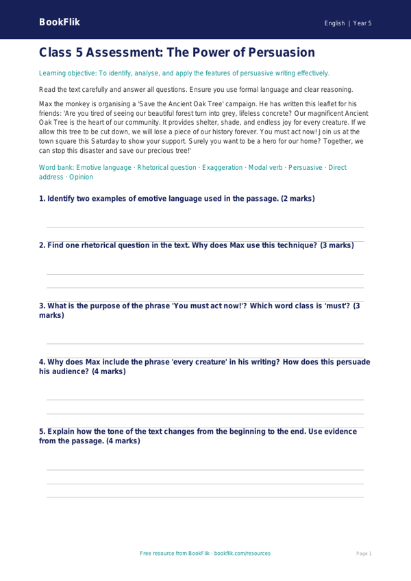 Persuasive Writing Assessment for Class 5 CBSE | English Worksheets worksheet preview — English Persuasive Writing