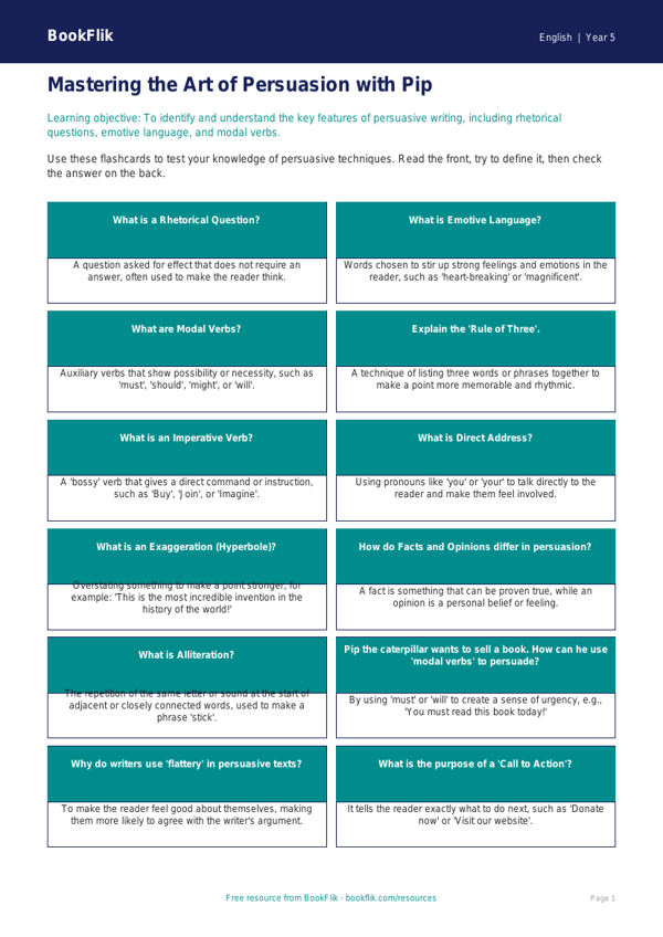 Free Persuasive Writing Flashcards | Class 5 | English | BookFlik worksheet preview — English Persuasive Writing