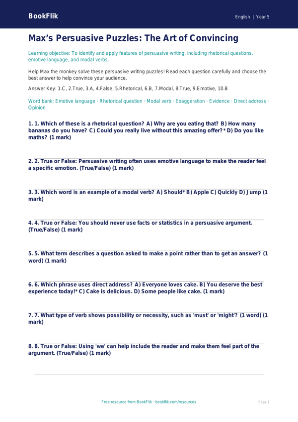 Free Persuasive Writing Quiz | Class 5 | English | BookFlik worksheet preview — English Persuasive Writing
