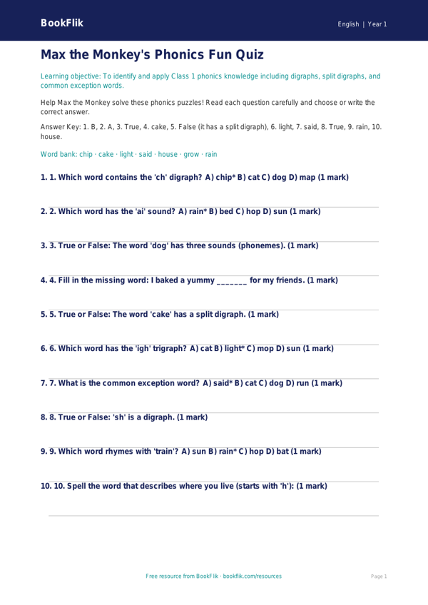 Free Phonics Quiz | Class 1 | English | BookFlik worksheet preview — English Phonics