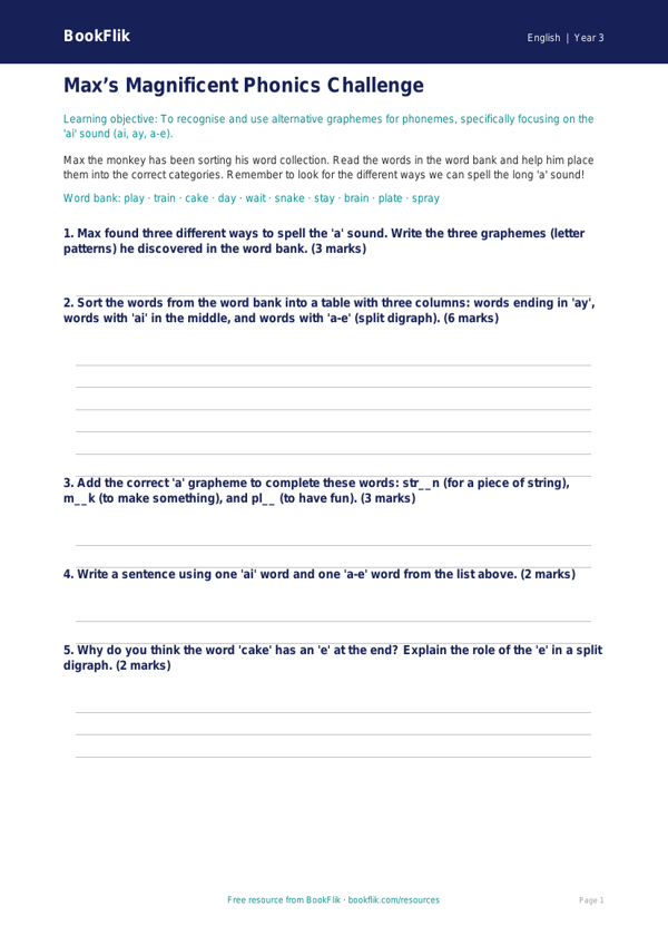 Free Phonics Worksheet | Class 3 | English | BookFlik worksheet preview — English Phonics